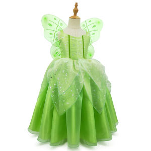 Fast Shipping Disney Girls Tinker Bell Costume for Kids Green Tinkerbell Flower Fairy Princess Clothes Christmas Party Dresses