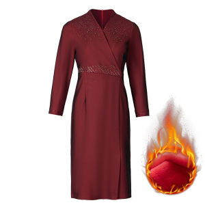 ชุดราตรีผ้ากำมะหยี่ฤดูหนาว ชุดแต่งงาน ชุดยาวคลุมเข่า แขนยาว คอตั้ง สีสันสดใส แฟชั่นฤดูใบไม้ร่วงและฤดูหนาว