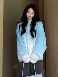 Korean Style Soft Loose Womens Knitted Sweater Gradient Color Lazy Style Sweet Sweatshirt Jacket Trendy Fall Winter Top