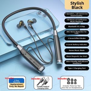 Long-Lasting-Battery Bluetooth Neckband Sports Earphones Wireless 4 Speakers Noise Reduction Call Function Music Support