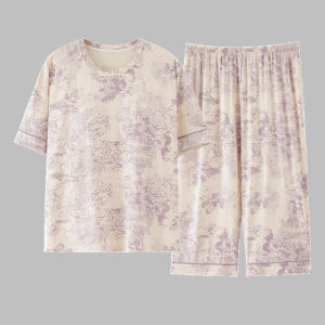 Pajamas Womens Summer Modal Short-Sleeved Cropped Pants Thin plus Size Plus Size 100.00kg Middle-Aged Mom Suit 5XL