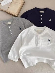Childrens Long Sleeve round Neck Polo Shirt Spring New Style Base Layer Top Boys Girls Baby Simple Korean Style T-shirt