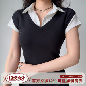 Áo Thun Tay Ngắn Cổ Bẻ Dáng Ôm Go Bé Gái Go Phong Cách Mỹ Cổ Điển Dành Cho Nữ Mùa Hè Cotton 93% Polyester 7%