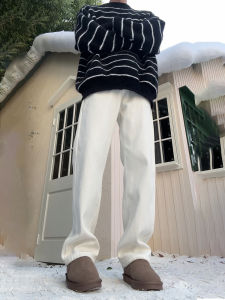 กางเกงยีนส์ทรงตรงบุขนแกะสีขาวสำหรับผู้ชายในฤดูหนาว กางเกงขายาวทรงสลิมฟิต กางเกงขายาวทรงตรง กางเกงขายาวทรงตรงสำหรับใส่ไปทำงาน