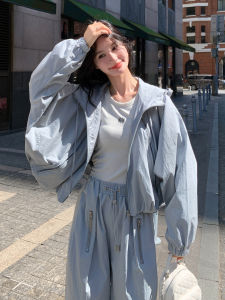 Gray Blue Korean Fashion Cool Style Womens Set Pant Two Piece Suite Coat Fall New Arrival Long Pant Casual Zipper Closure