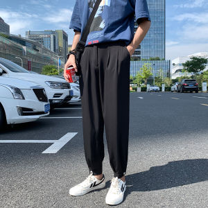 Summer Ice Silk Casual Pants Mens Split Sporty Nine Points Cuffed Air Conditioning Loose Long Trousers Draped Style