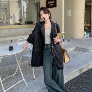 Black PU Leather Suit Jacket Womens Mid-Length Fashionable Commute Style Autumn New Arrival Casual Chic Outerwear