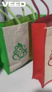 Eco-Friendly Traditional Jute Lunch Bag with Ganesha Durga & Kamadhenu Prints | Reusable Tote for Gifting Grocery & Daily Use – 1 Pc (Available in 9x8 & 10x10 Inches)