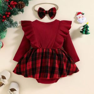LEMON Baby Christmas Clothes Childrens Bows Pit Strips Fart Clothes Spring and Autumn Womens Treasure Triangle Long Sleeve Romper