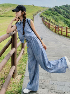 Blue Salt And Sweet Workwear Shirt Dyed Set Womens Summer Casual Slimming Wide Leg Pants Two Piece Set Fashionable Ensemble