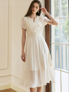 Roey s house | French Palace Style Puff Sleeve Dress with Embroidered Flowers