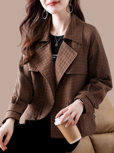 เสื้อแจ็คเก็ตผู้หญิงสั้น 2025 ฤดูใบไม้ผลิและฤดูใบไม้ร่วง ทรงเข้ารูป ดีไซน์ลำลอง แขนยาว ปกสูท กระดุมสองแถว เสื้อคลุมกันหนาว