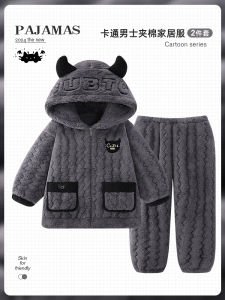 Mens Devilish Pajamas Thickened Coral Fleece Sleepwear Long Sleeve Zipper Closure Home Clothes Winter Warm Comfortable Outerwear