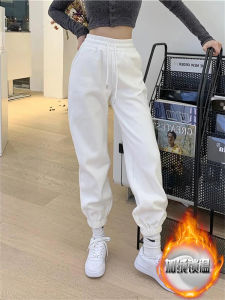 Spring Autumn Womens Retro Small Size Fleece Lined Thick High Waist Cuffed Pants Casual Sports White Sweatpants