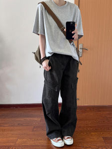 กางเกงขายาวทรงหลวมสไตล์อเมริกันสำหรับผู้ชาย สีเทา กระเป๋าใหญ่ กางเกงขายาวทรงตรง กางเกงขายาวทรงหลวม