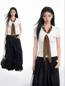 BAIDAIFEI | V-Neck Polka Dots Tie Belt Short Sleeve Slim Fit Peplum Faux Layered T-Shirt