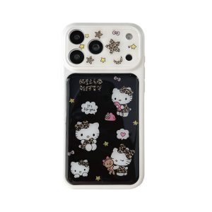 Sanrio | Y2K Leopard Bow Hello Kitty Phone Case For iPhone 17 16 15 Pro Max Glitter Star Large Lens Frame Shockproof Soft Cover