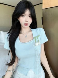 GUZILIAN | French Style Square Collar Sweet Short Sleeve T-Shirt Women Summer Lace Edge 3D Flower Knitted Ice Silk Short Top
