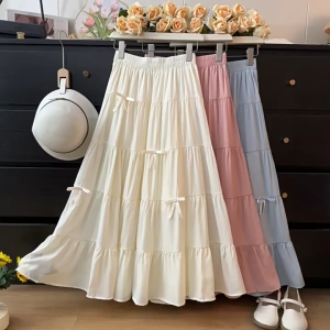 Womens Casual Minimalist Bow High Waist A-line Pleatd Tiered Maxi Skirt