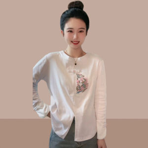 New Chinese Style White Long Sleeve Base Shirt Womens Slim Fit Button up T-Shirt Spring Autumn New Arrival Inner Wear Top