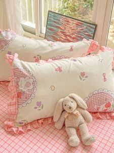 New 2025 Korean Style Princess Skin-friendly Diagonal Pattern Pillowcase Pair Home Use Floral Lace Edge Pillow Core Cover Trendy