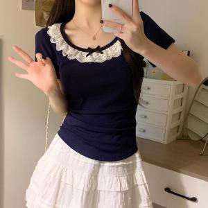 Slimming Lace Trim Short Sleeve T-Shirt Summer plus Size Cover Belly Short Design Shoulder Patchwork Commute Style Korean Version