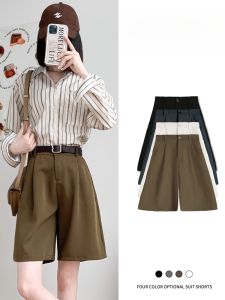Quần Short Công Sở Màu Nâu Năm Điểm Cạp Cao Mùa Hè Mỏng Rộng Rãi Thường Ngày Thoáng Khí Cho Nữ Quần Áo Làm Việc Phong Cách Hàn Quốc