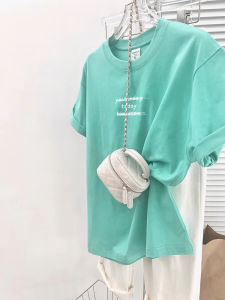 ZHUZI | Mint Green Fashionable Letter Print Pure Cotton Loose Slim-Fit Womens T-Shirt