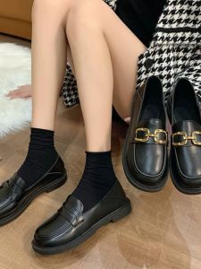 British Style Soft Leather Black Metal Single Shoes Womens Spring Autumn Fashion Loafers Versatile Low Heel Rubber Sole