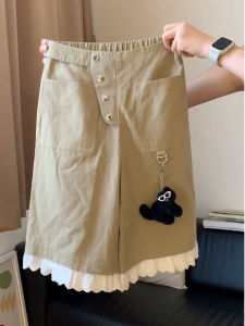 WANGGONGZHU | High Waist Casual Lace Trim Patchwork Shorts Women Summer New Style Slimming Plus Size Wide Leg Pants Korean Style Commute