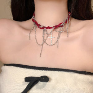 Trendy Multi-Layered Crystal Wrapped Cross Pendant Necklace for Women Elegant Choker Design Sweet And Cool Style Alloy Material