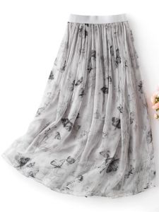XMO | Gray Floral Printed Silk Light Summer Trendy Skirt