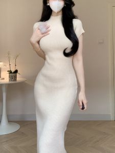 Amys Store คุณภาพถัก ฤดูใบไม้ร่วง ฤดูหนาว ผู้หญิง เสื้อสเวตเตอร์ ถักยาวถึงเข่า เดรส ชั้นฐานยาว กระโปรง โพลีเอสเตอร์ ไฟเบอร์