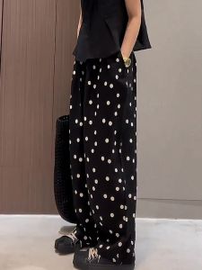 High Waist Wide Leg Floor Length Pants Womens Summer New Style Black Thin Polka Dot Drapey Casual Loose Fit Trousers