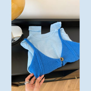 เสื้อสเวตเตอร์ถักแขนยาวสองชิ้นสีน้ำเงินคลีน ดีไซน์เก๋ไก๋ หรูหรา สำหรับผู้หญิง ฤดูใบไม้ร่วง 2025 ฤดูใบไม้ผลิ