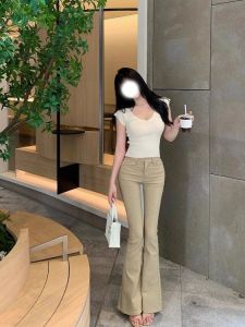 Quần Jeans Ống Loe Retro American Style Cho Nữ Mùa Hè 2025 Quần Ống Rộng Ôm Dáng Màu Kaki Đa Năng Quần Dài Đến Sàn