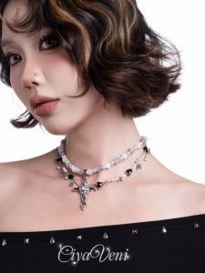 CIYAVENI Baroque Layered Diamond Embedded Pearl Cross Cool Retro Clavicle Chain Necklace Luxury Fashion Jewelry Accessory