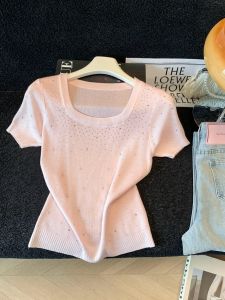 Áo Thun Knit Dáng Rộng Tay Ngắn Cổ Vuông Màu Vàng Ảnh Chụp