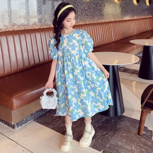 Melo Girls Summer Flower Short Skirt Short Sleeve Square Neck Dress Bubble Sleeves Cute Princess Dress New Korean Edition 连衣裙