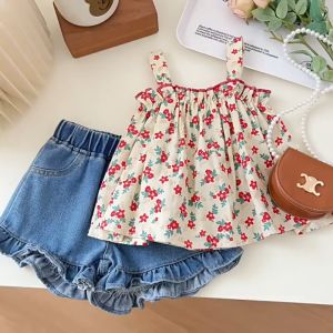 Sunday Kids Korean Summer Kids Terno For Girls Sweet Floral Sleeveless Tops With Denim Shorts 2 Pieces Set Baby Girl Outfits