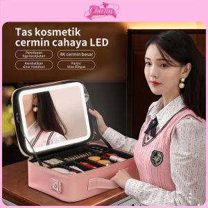 CHARM Tas Make Up Tas Rias Perjalanan/Penyusun Kosmetik Dengan Lampu LED Dan Cermin Kulit PU Waterproofing