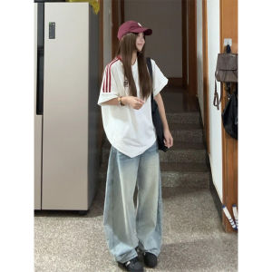 XIANGBAIWEI | American Street Style Striped T-Shirt V-Neck Loose Bear Embroidered Summer Top