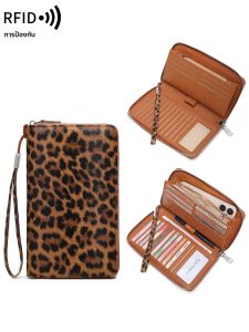 ใหม่ RFID Blocking กระเป๋าสตางค์ยาวผู้หญิงแฟชั่น Vintage Leopard พิมพ์มัลติฟังก์ชั่ขนาดใหญ่ความจุ Double-Fold ผู้ถือบัตรเครดิต