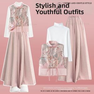 NUMEN BUTTON | Plus Size Chinese Style Matching Set Women Slimming Vest Hanfu Shirt and Casual Pants 3 Pieces