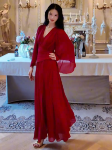 SHANGSHA | Evening Gown Dress Red Waist-Cinching