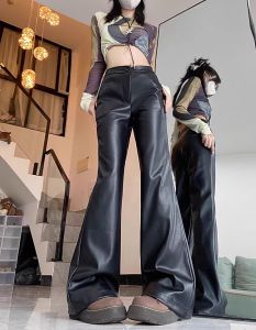 กางเกงหนัง PU ทรงขาบานเอวสูงสีดำ ทรงสลิมฟิต ทรงเรโทร กางเกงขายาวทรงหัวม้า สำหรับผู้หญิง ฤดูใบไม้ร่วง 2023