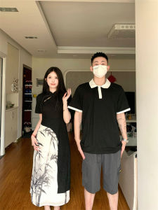 ชุดคู่สไตล์จีนฤดูร้อน ชุดกี่เพ้าผู้ชาย แขนสั้น ผ้าฝ้ายผสมโพลีเอสเตอร์ ทรงหลวม แฟชั่นลำลอง เย็บปะติดปะต่อ