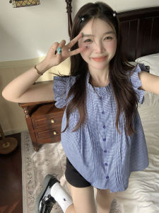 French Style Blue Plaid Sleeveless Doll Shirt Womens Summer Loose Fit Shirt with Flyaway Sleeves Korean Version Spring 2024