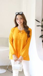 เสื้อแขนตุ๊กตาแขนยาว แขนทรงบอลลูน เนื้อผ้าไหมเกาหลี เสื้อแขนยาวน่ารักสไตล์สาวเกาหลี(โบว์)