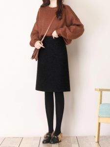 Black Woolen Skirt Womens Fall and Winter Plus Size High Waist Slimming A- line Skirt Fat Girl Elastic Cover Split Parka Midi Skirt
